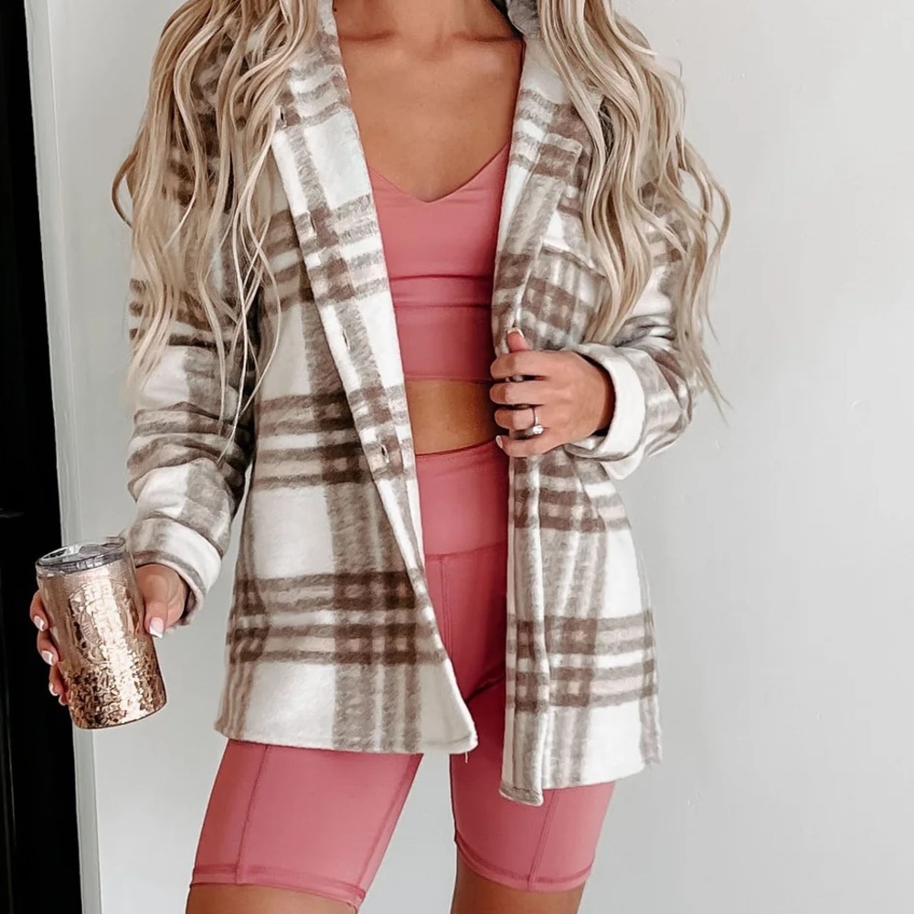 Plaid Jacket- hooded (Taupe Brown) - Picture 3 of 9